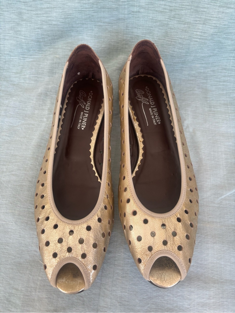 Donald J. Pliner Metallic Gold Peep-Toe Perforated Flats From Italy
